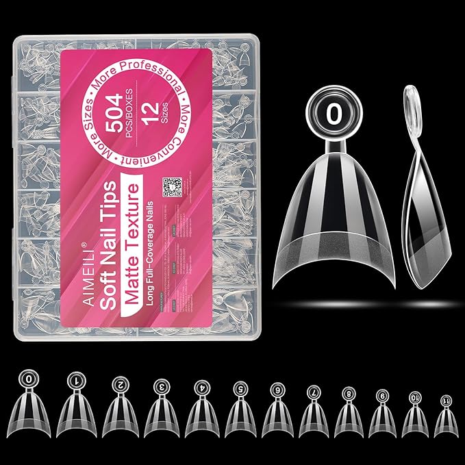 AIMEILI Short Almond Nail Tips, 504pcs Half Cover Short Gel Nail Tips Clear Fake Nails for Nail Extension DIY Nail Salon, 12 Sizes