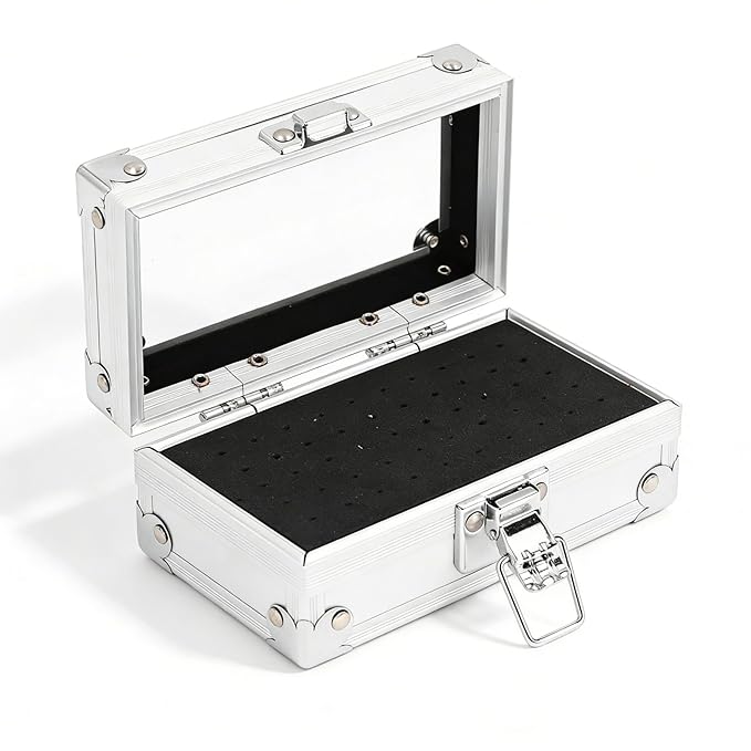 Nail Drill Bits Holder, Aluminum Alloy and Acrylic Organizer with Transparent Flip Cover and Lock Design for Secure Storage of Multiple Drill Bits