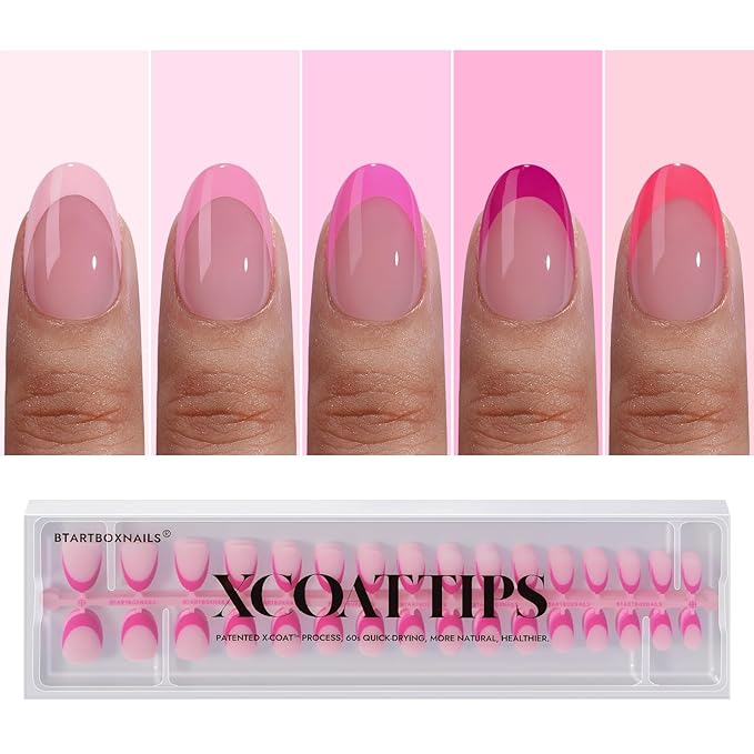 BTArtboxnails XCOATTIPS Pink French Tip Press On Nails - Extra Short Almond Press On Nails, Soft Gel Nail Tips,Soak Off Pink Acrylic Fake Nail Extension in 16 Sizes