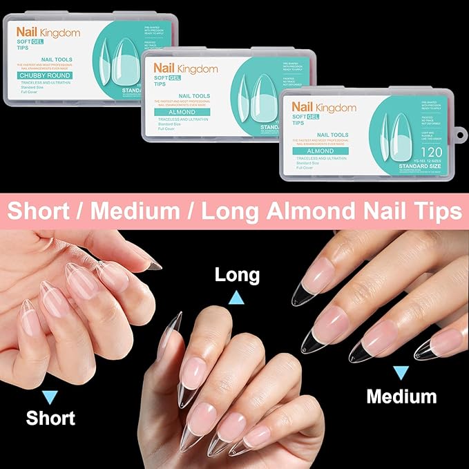 Soft Gel Short/Medium/Long Almond Nail Tips Kit 3 Boxes 360Pcs, Full Cover Pre-etching Acrylic False Nails for Small and Flat Nail Bed Home Manicure Extension DIY Salon Clear Press On Nails, BlueZOO