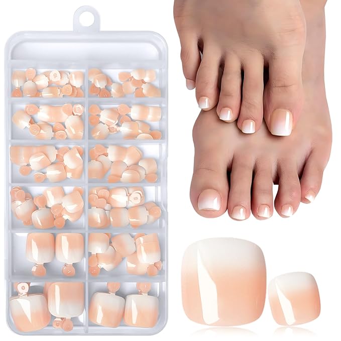 120PC Ombre Press on Toenails for Women Fake Toe nail Press ons Acrylic Toe Press on Nails Set, Ombre Press on Toe Nails Press on Fake Toenails Press ons Acrylic Toe Nail Tips Kit&Glue Tab-E