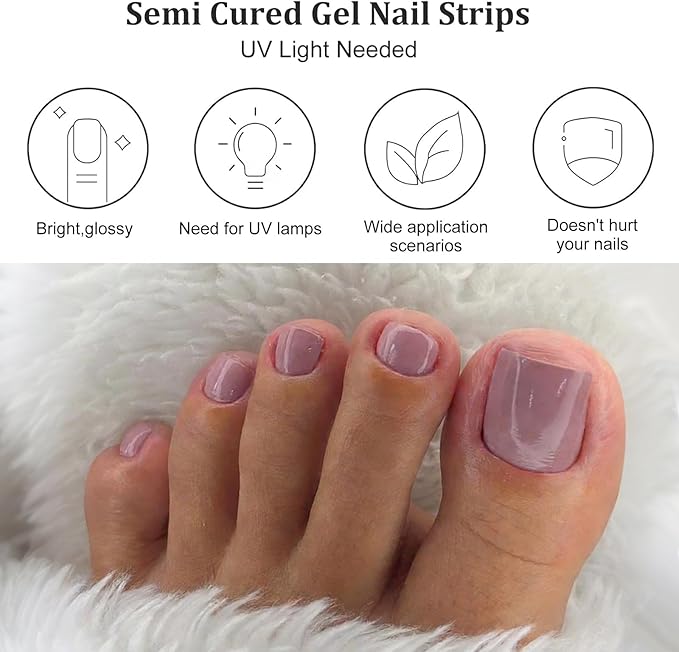 26 Pcs Semi Cured Gel Toe Nail Strips Light Pink Gel Nail Stickers Full Cover Nails Wraps Self Adhesive Toe Nails Polish Strips Stickers for Women UV/LED Light Required