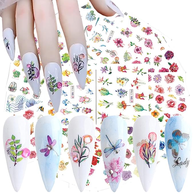 24 Sheets Flowers Nail Art Stickers, Holographic Floral Leaf Butterfly Nail Water Transfer Decals Design, Flower Nail Art Sticker Supplies for Women Girls Manicure Charms Decorations, Resin Nail Decal