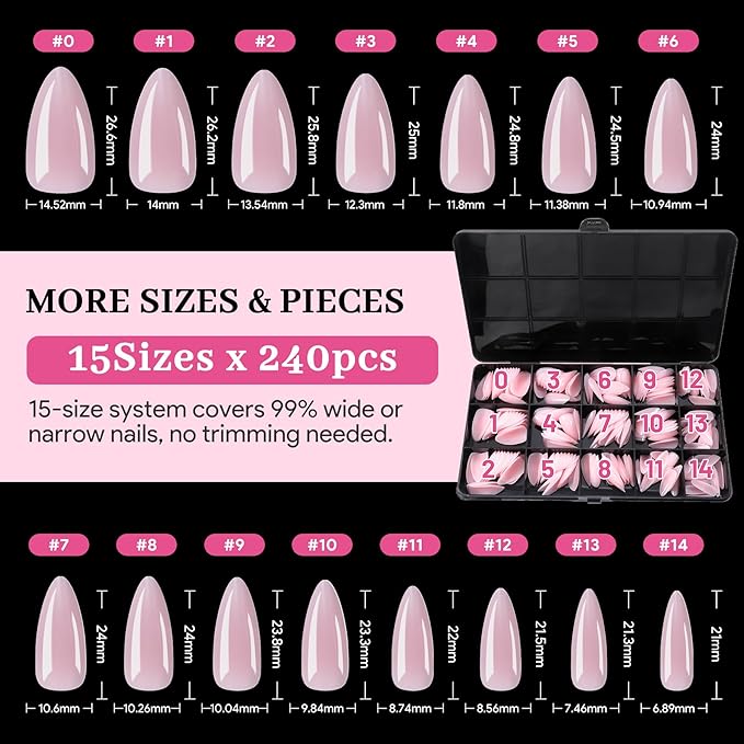 Medium Almond Pre-Building Nail Tips, 15 Sizes 240 PCS Pre-shaped Apex Pink Soft Press On Fake Nail Half Matte Gel Nail Extensions Strong Thick Acrylic Tip for DIY Beginners & Salon Manicure