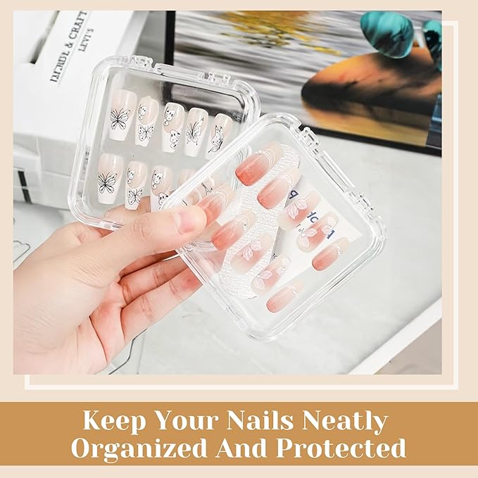 Inmorven Press on Nail Storage Box, 8 PCS Double Layer Organizer with 60 Adhesive Tapes, Clear Acrylic Display Case for Fake Nail Salon & Travel Use (8 PCS Double Layer)