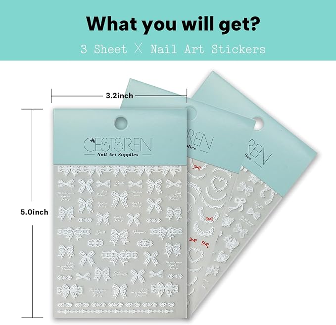 White Ruffle Lace Nail Art Stickers, Butterfly Theme Decals, Self-Adhesive, Nail Accessories for Women, French Decorations 3 Sheets