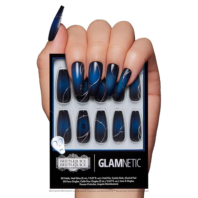 Beetlejuice Beetlejuice™ x Glamnetic Press On Nails - Ghost House™ | Long Coffin Black & Navy Ombre Graphic Nails with Back Design in a Glossy Finish | 15 Sizes - 30 Nail Kit with Glue