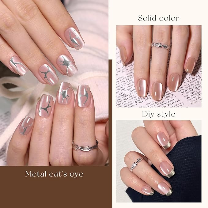 Brown Cat Eye Press on Nails Short Square,Glossy Glass Fake Nail Kit Neutral Nude Chocolate Brown False Nails Winter Fall Nails with Mirror Metallic Silver Nail Stickers,150pcs 15 Sizes