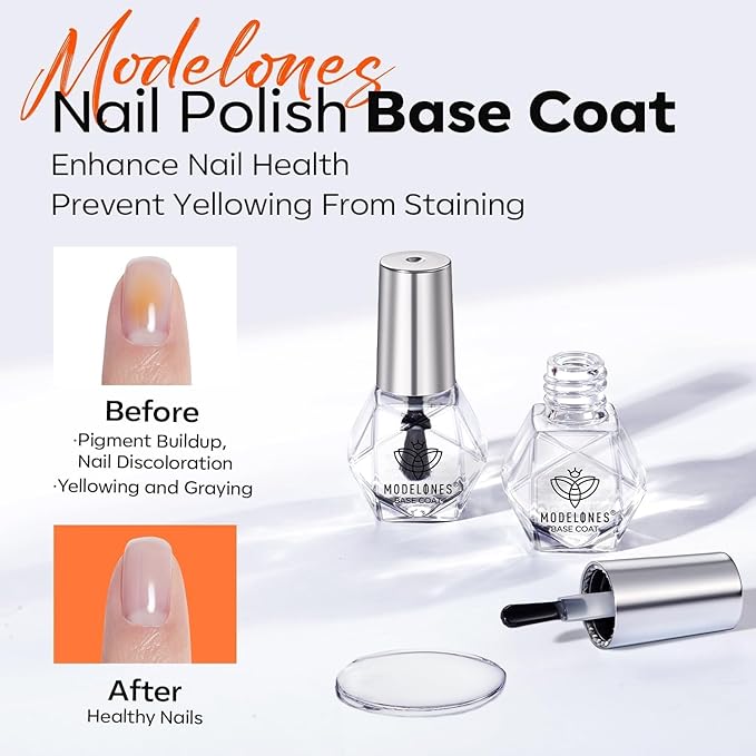 modelones 2 Pcs No Wipe Top Coat and Base Coat Nail Polish Set, Clear Quick Dry Nail Polish High Shine Long Lasting Glossy Regular Nail Lacquer Air Dry Fast Base Top Coat Gifts for Women Nail Art 5 ML
