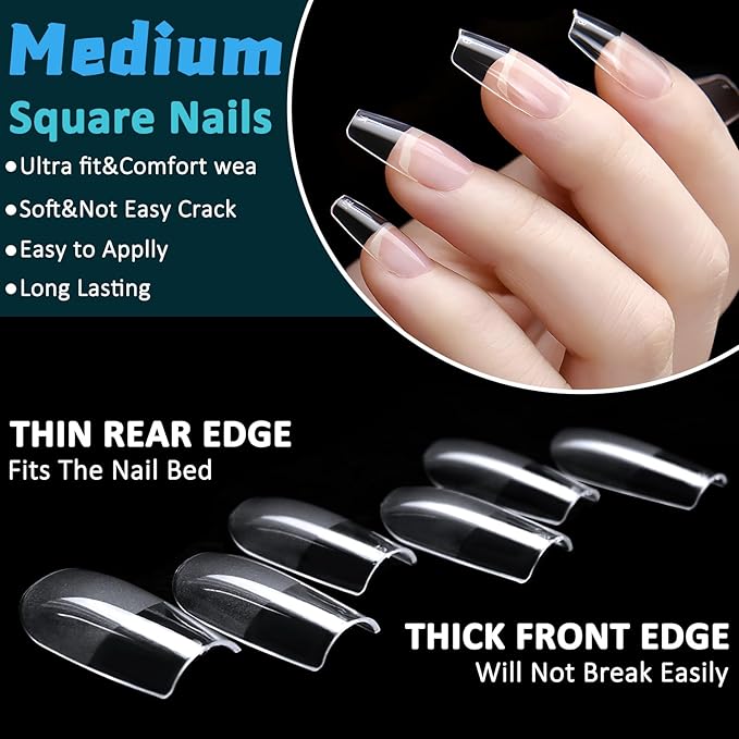 LoveOurHome 600pc Medium Square Fake Nail Tips, Clear Press on Nails Square Acrylic Nail Full Cover False Fake Nails Medium Soft Gel Nail Tips Artificial Fingernails for Gel Nail Extension