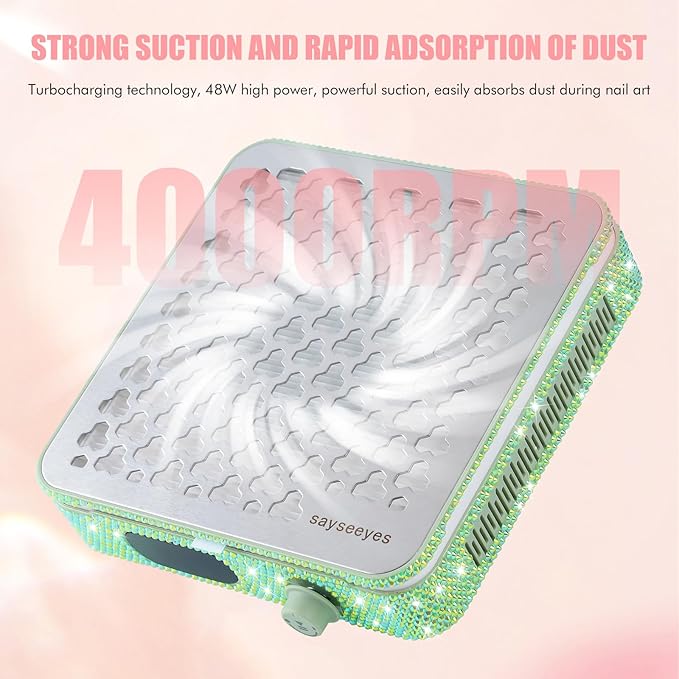 Rhinestones Nail Dust Collector for Nail Polishing in Nail Salon or Home, Portable Shiny Crystal Shape Tool with Powerful Vacuum Fan, 10 Speeds, 1600PA, Filter Paper