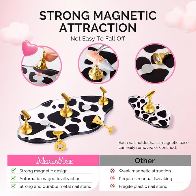 MelodySusie Update Nail Stand for Press Ons, 2 Spotted Cloud Magnetic Bases for Practice Painting Display Practice with Brush Holder and Reusable Double-Sided Tape for Home DIY Salon Supplies