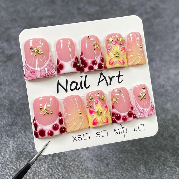 Duck Press on Nails Medium Fake Nails with Glue French Tip Handmade False Nails with 3D Flower Starfish Designs Acrylic Nails Press Ons Artificial Glossy Stick on Nail for Women 10 Pcs (Size M)