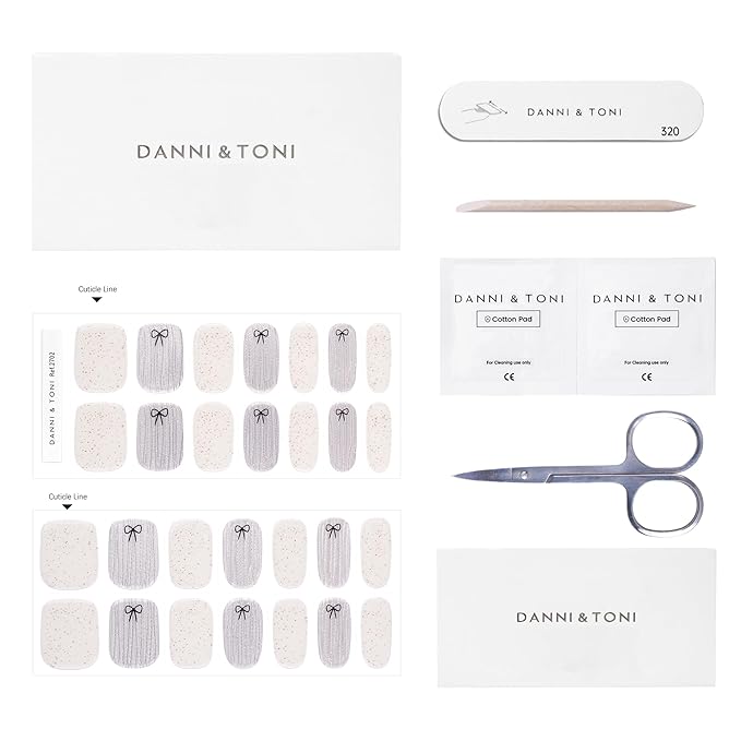 DANNI & TONI Semi Cured Gel Nail Strips Bowknot Silver Mirror Gel Nail Wraps UV Nails 28 Stickers Gift for Women | Silver Embrace