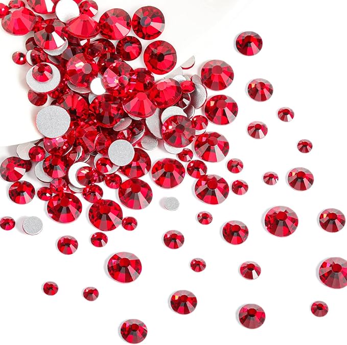 Beadsland Rhinestones for Makeup,8 Sizes 2500pcs Red Flatback Rhinestones Eye Gems for Nails Crafts with Tweezers and Wax Pencil,Siam,SS4-SS30