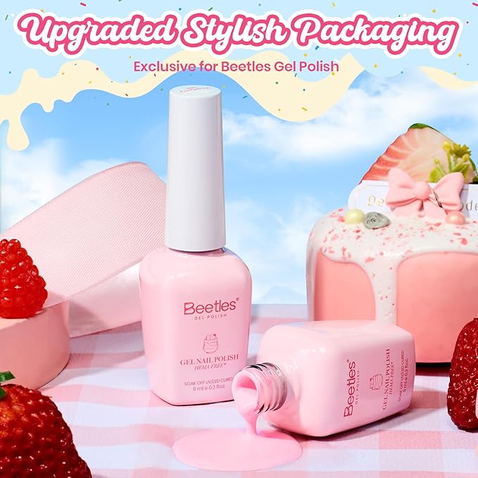Beetles Pink Gel Polish - Strawberry Milk, Light Pink Gel Nail Polish for Pastel Nails, Same Color Same Bottle, Spring Nails Art Salon Long Lasting Soak Off UV LED Nails Lamp Gifts for Her