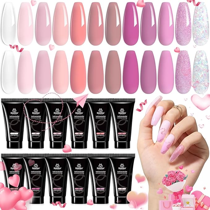 Beetles Poly Nail Extension Gel Kit 12Colors Clear Pink Purple Brown Glitter Neutral Poly Nail Gel Kit Jelly Gel Quick Building Nail Enhancement Manicure Kit DIY New Year Gifts beetles vday gifts