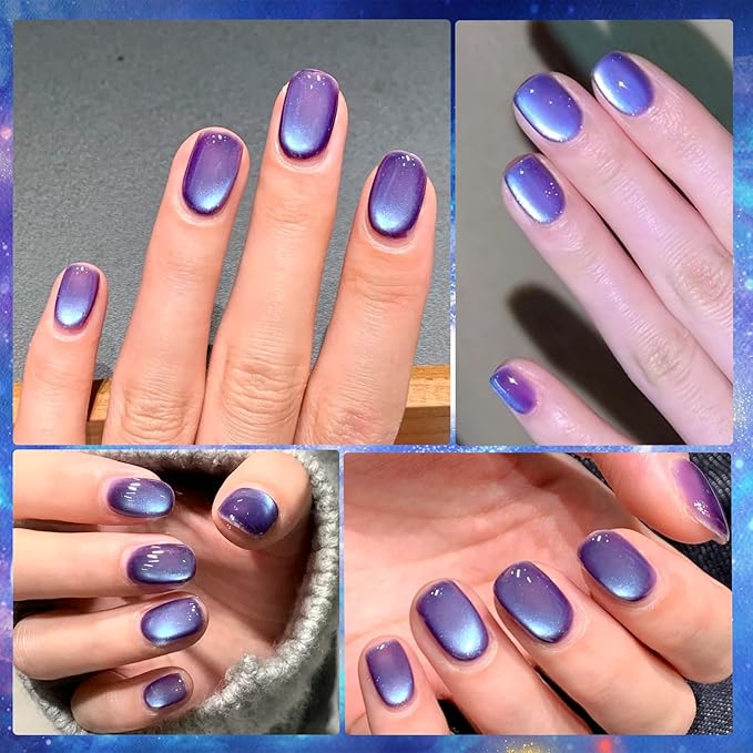 Neptune Purple Glass Cat Eye Gel Nail Polish with Magnet Stick, Blue Light Planet Cats Eye Gel Magnetic Cat Eyes Ceramic Crystal Silk Velvet Effect Sock Off Professional Use for Salon