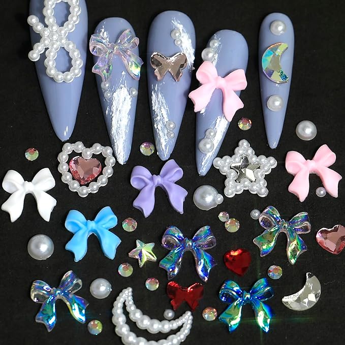 HNUIX - Bows Nail Charms, Multi Shaped, Colored 3D Bows, White Star Heart Moon Cute Nail Gems, Pearls & Rhinestones, Includes Tweezer & Pickup Tool