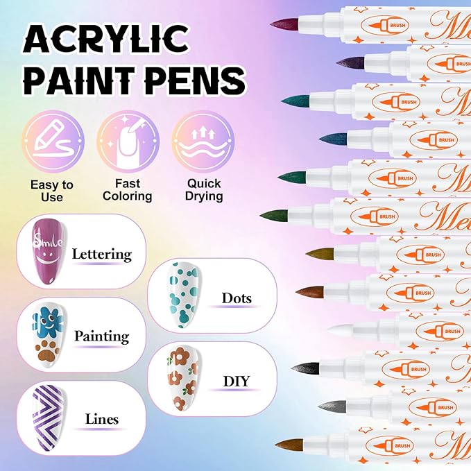 Kalolary 12 Colors Nail Art Pens Set, Nail Polish Pens Double-Ended Acrylic Paint Pen Nail Art Markers Quick-Dry Nail Art Tools for Dotting Drawing Painting DIY Nail Art Beauty Manicure（J）