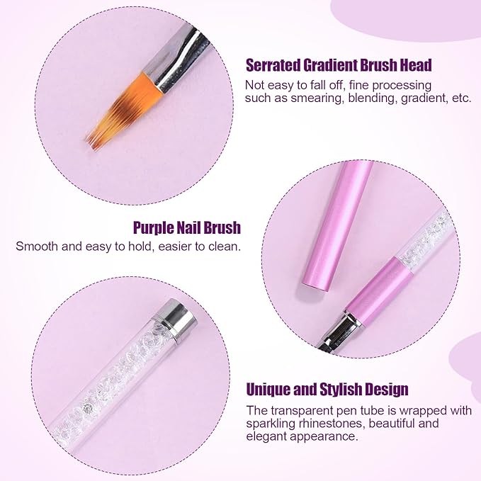 Ombre Nail Brush, Nail Painting Art Brushes with Rhinestone Handle Nail Design Brush for Nails Extension Manicure Cleaning Gradient Gel Polish