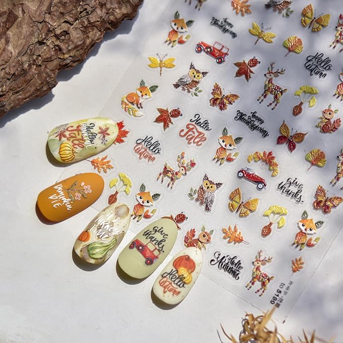 Fall Nail Art Stickers 5D Embossed Fox Nail Stickers 3D Self-Adhesive Squirrel Nail Decals Autumn Elk Owl Nail Designs Orange Maple Car Nail Art Decoration for Women Girls Manicure 1 Sheet