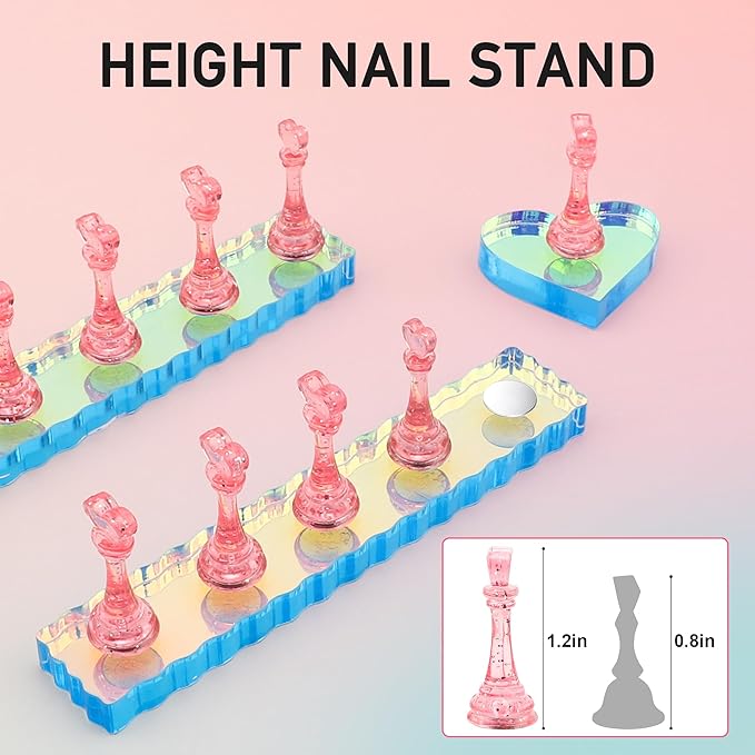 2 Set Nail Stand, Nail Holder for Painting Nail Stand for Press Ons with Double-sided Tape Acrylic Magnetic Fake Nail Holder for Nail Art Home DIY Salon Display Practice Supplies(Pink)