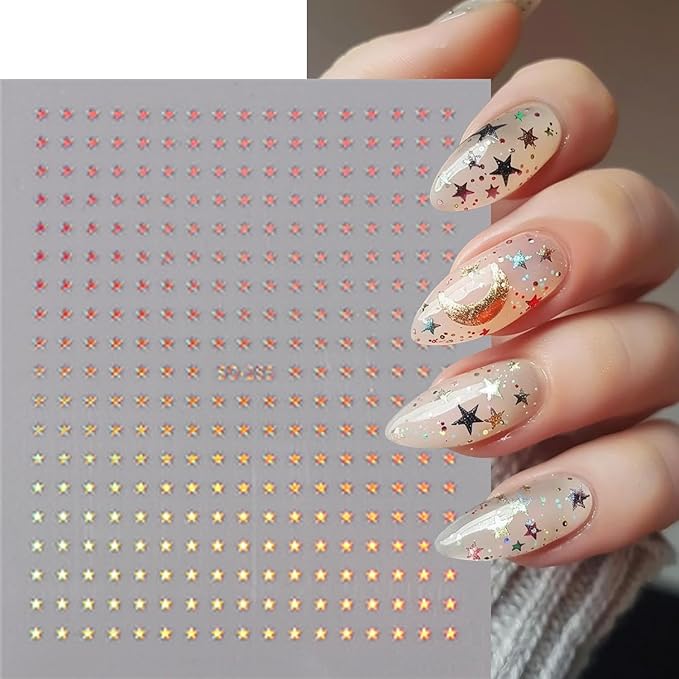 6 Sheets Mini Star Nail Art Stickers for Acrylic Nails 3D Self-Adhesive Sparkling Colorful Stars Nail Art Decals with Small Five-Pointed Star Design Nail Sticker for Women DIY Manicure Decor Supplies