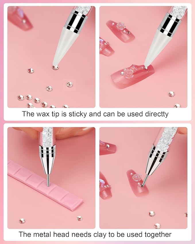 Difenni Rhinestone Picker Tool, Wax Pencil for Rhinestones Tool, Dual-Ended DIY Nail Bedazzling Tools with 4 Extra White Replaceable Wax Head and 1 Tweezer(White)