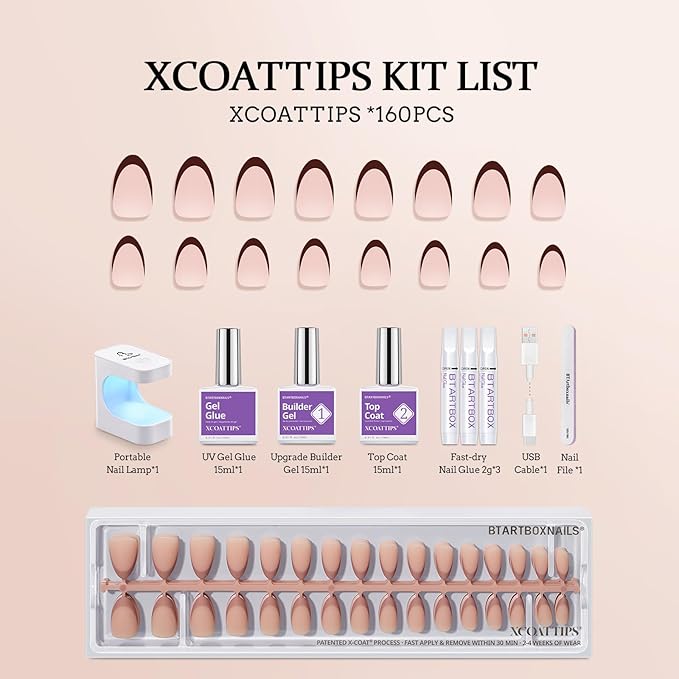BTArtboxnails XCOATTIPS Press on Nails Short - Skin Tones Almond Nail Tips, Soft Gel Nail Tips with Nail Gel, French Protecting Duo, Nail Lamp, All in One Fake Nails French Tip Nails Kit