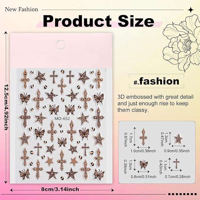 6 Sheets Leopard Print Cross Nail Stickers for Nail Art, Coquette Nail Decals,Leopard Flower Star Heart Butterfly 3D Self-Adhesive Nail Art Stickers Design for Women DIY Manicure Decoration YX1228
