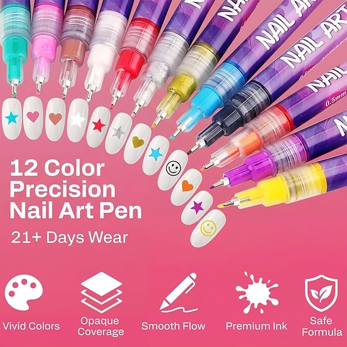 12 Colors Nail Art Pens & Acrylic Markers Set, 0.5mm Ultra-Fine Tip for Micro-Detailing, Water-Based Quick Dry DIY Manicure Tools, Easter Basket Stuffers & Spring Gifts for Girls Women (12pcs)