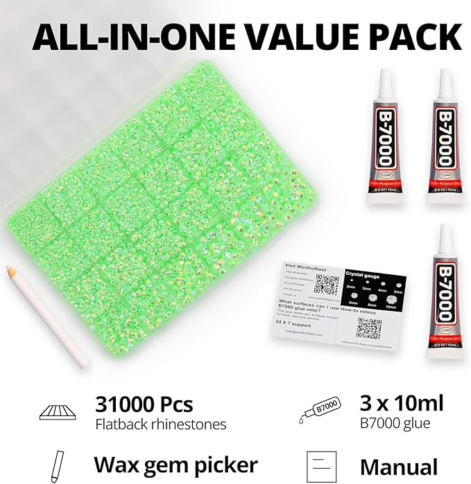 31000Pcs Lime Green Resin Rhinestones for Bedazzling, 2-6mm Mixed Sizes Neon Green Rhinestones, Bedazzled Flatback Gems Crystal Jewels Diamonds Bedazzle Set with Glue for Crafting Clothes Crafts