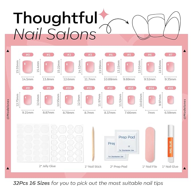 Modelones Extra Short Press on Nails, Peach Jelly Semi-Transparent Squoval Fake Nails, Reusable Nail Kit with Nail Glue Adhesive Tabs Mini Nail File, Nails Press Ons 32Pcs 16 Sizes, Women Girl Gift