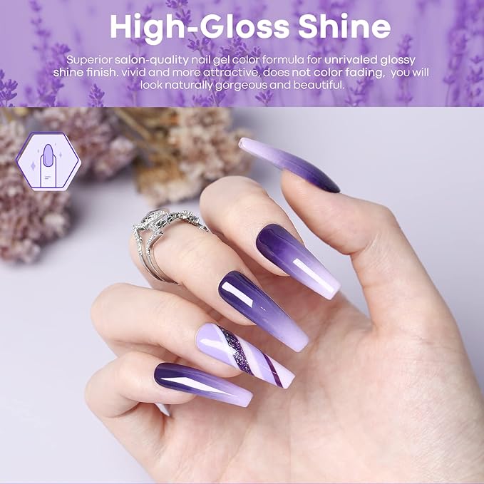 modelones Gel Nail Polish Set - Purple 6 Colors Gel Polish Set Purple Glitter Nail Polish Soak Off LED Nail Art Manicure Holiday Grape Nail Kit Gifts for Women DIY Home Salon