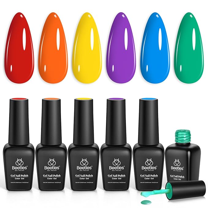 Beetles Rainbow Gel Polish Set - 6 Colors Red Yellow Blue Orange Green Purple Polish Rainbow Flag Gel Nail Polish Kit Spring Soak Off UV Nail Art Design Salon DIY Manicure Gifts for Women Girls