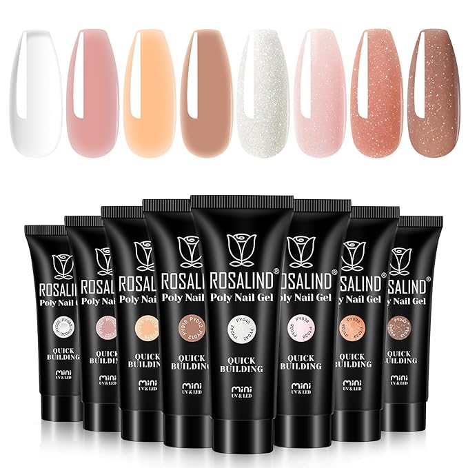 ROSALIND Poly Nail Gel Set, 8 Colors 10g Clear Nude Poly Extension Gel Nail Set, Glitter Shiny Poly Nail Gel Kit Builder Nude Gel Extension Kit for Nail Art Design Easy DIY Gift for Women