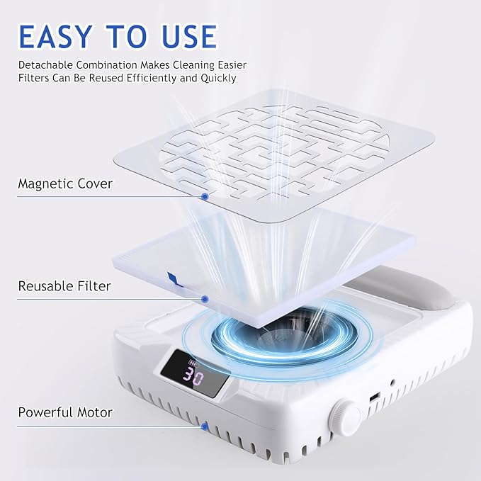Rechargeable Nail Dust Collector, Professional Dust Collector Nail Tech with LED Display, Powerful Adjustable Nail Dust Cleaner Machine for Acrylic Nail Polishing & Salon use