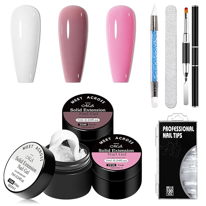 MEET ACROSS Solid Builder Nail Gel Solid Builder Gel for Nails White Pink Dirty Pink Non-Stick Hand Sculpture Hard Art Gift 7Pcs