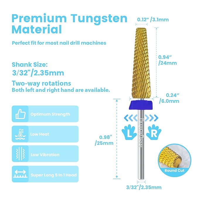 24mm Super Long 5-in-1 Tapered Barrel Nail Drill Bit, 3/32'' Tungsten Carbide E-File Bit for Fast Gel Removal & Long Nail Shaping, Two-Way Rotation Safety Bit for Acrylic Extensions, Medium