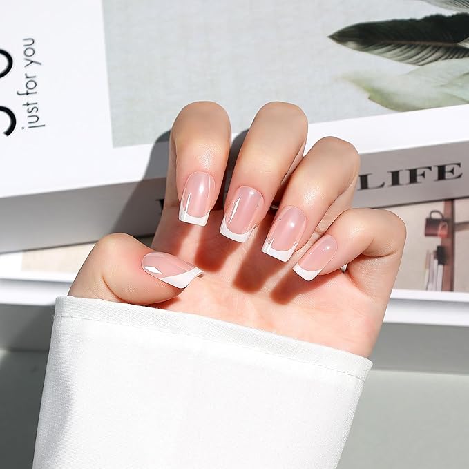Luxbon Square Press On Nails with No-Cure Nail Glue and Tool Kit – French Manicure Glue On Nails 30-32pcs Full Size Set, Reusable Fake Nails for Women, Salon Look at Home, Optical Plating, White