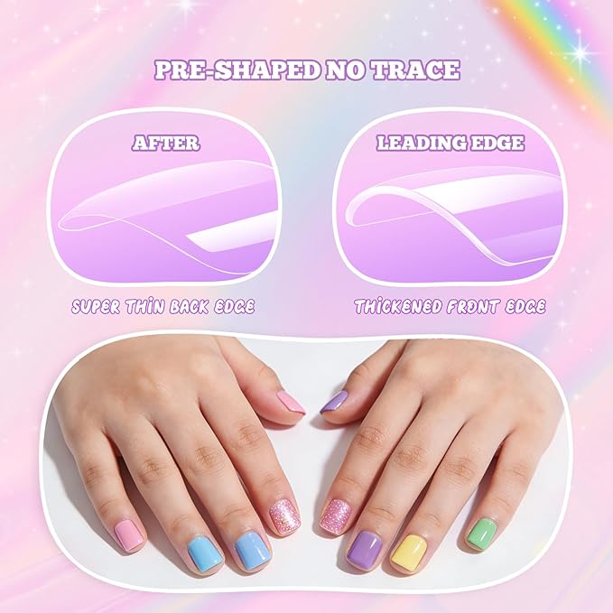 krofaue Short Suqare Kids False Nails - 240Pcs Press on Nails for Girls,Full Cover Children Fake Nails Decoration 10 Sizes Soft Gel Kids Nail Tips for for Home & Nail Salon Use (4-8 years old)