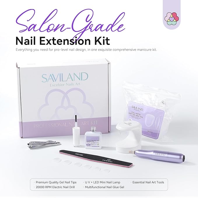 SAVILAND Advanced Gel Nail Kit Almond: 15 Sizes Extra Short Almond Nail Tips with Nail Drill & U V Lamp 500 Pcs Salon Grade Full Matte Nail Tips 30-Day Long Lasting Home DIY Beginner