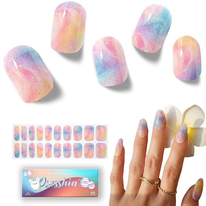 Semi Cured Gel Nail Strips, 20 pcs Nail Wraps, Glaze Stickers, Salon Quality French Manicure, Full Decal Gel Polish Strips, Long Lasting SCG, Easy on, UV Required (Starburst)
