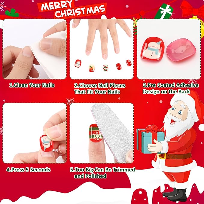 JANYUN 96 Pcs Christmas Candy Fake Nails, Press on Nails Pre-glue Full Cover Fake Nail Tips Short False Nails Art Nails Gifts
