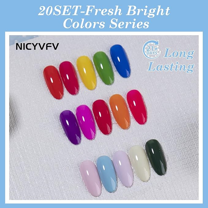 20 PCS Gel Nail Set, 15 Colors Gel Polish Set Neon Bright Pink Blue Red Purple Shades, with Gold Silver Glitter and Glossy Matte Top Coat, Base Coat, for Women Gift Kit