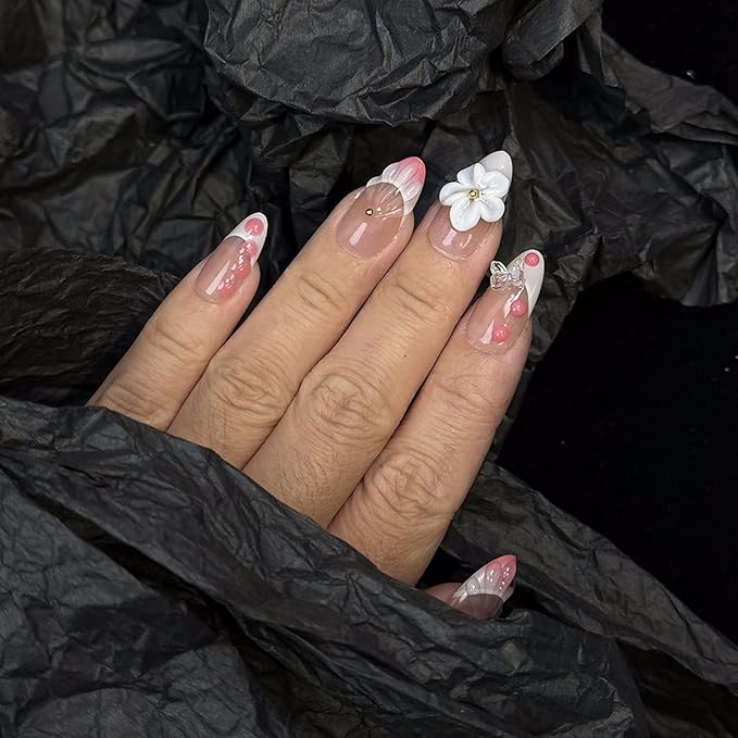 Flower Press on Nails Medium Almond Handmade Fake Nails Pink White Gradient French Tip Acrylic Nails Thick and Muti-Layer Gel False Nails 3D Floral Butterfly Design Nails DIY Art for Women (Size S)