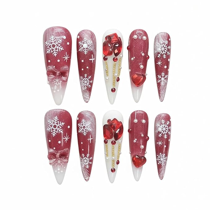 Valentine Press on Nails Long Stiletto Red Heart Design- 3D Gems & White Stripe Snowflake Handmade Design, Sparkling False Nails Stick on Nails for Women(Romantic Snow Falls,M)