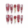 Valentine Press on Nails Long Stiletto Red Heart Design- 3D Gems & White Stripe Snowflake Handmade Design, Sparkling False Nails Stick on Nails for Women(Romantic Snow Falls,M)