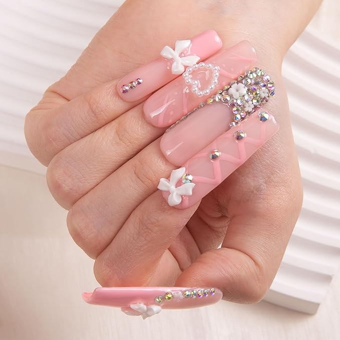 LOVFUL Press on Nails Vintage Shortcake| Handmade with Full Covered Crystals| Reusable Fake Nails| Square Mid length 1.7in| H187-M